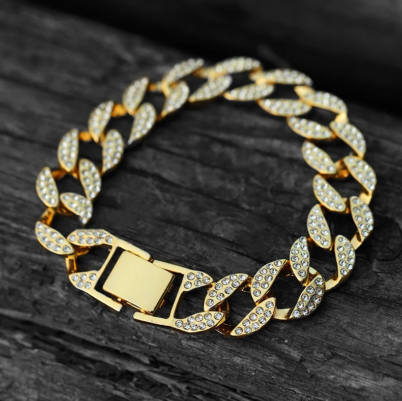 Хип-хоп обуздать кубинский браслет для Для мужчин золото 15 мм циркон ссылка браслет изделия толстый тяжелый сплав Материал Iced Out CZ