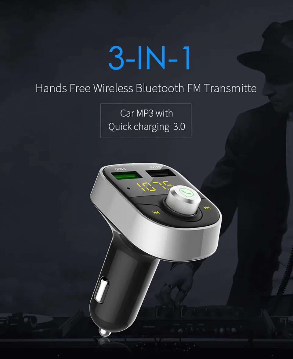 Wireless Bluetooth FM Transmitter Bluetooth Car Kit Handsfree USB Car MP3 Player Voltage Display QC 3.0 Car charger (2)