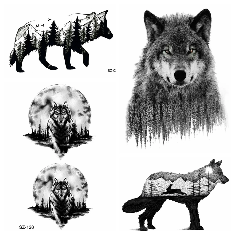 Tatuaje temporal de lobo de bosque Sexy para hombres, pegatinas  impermeables, tatuaje artístico de Luna y brazo, pasta de tótem negro falso| Tatuajes temporales| - AliExpress