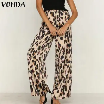 

VONDA Plus Size Women Leopard Pants 2020 Sexy Long Print Wide Leg Pants Casual Loose Trousers Autumn Summer Elastic Waist Bottom