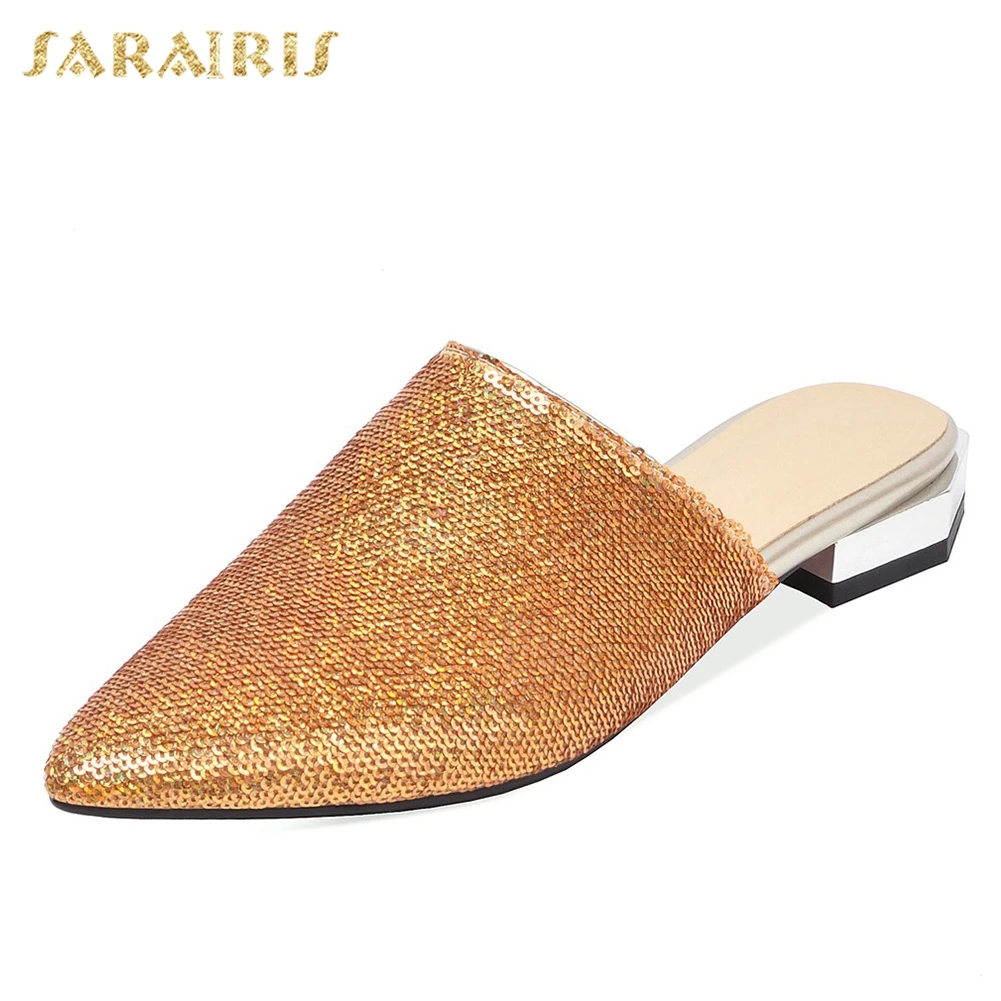 

Sarairis New Fashion Luxury Blings Slippers Woman Pionted Toe Low Heels Casual Slippers Woman Shoes Woman Plus Size 32-48
