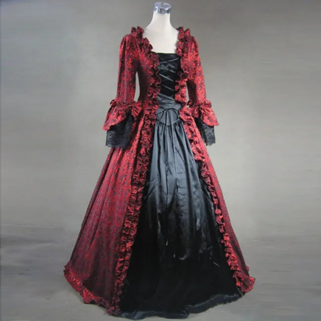 2018 Red Printd Gothic Victorian Period Party Dress 18th Century Retro