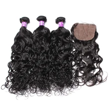 Water Wave Human Hair Bundles With Closure 4×4 Silk Base Closure Pre Plucked Add 3 Pcs Brazilian Remy Hair Extension CARA Hair