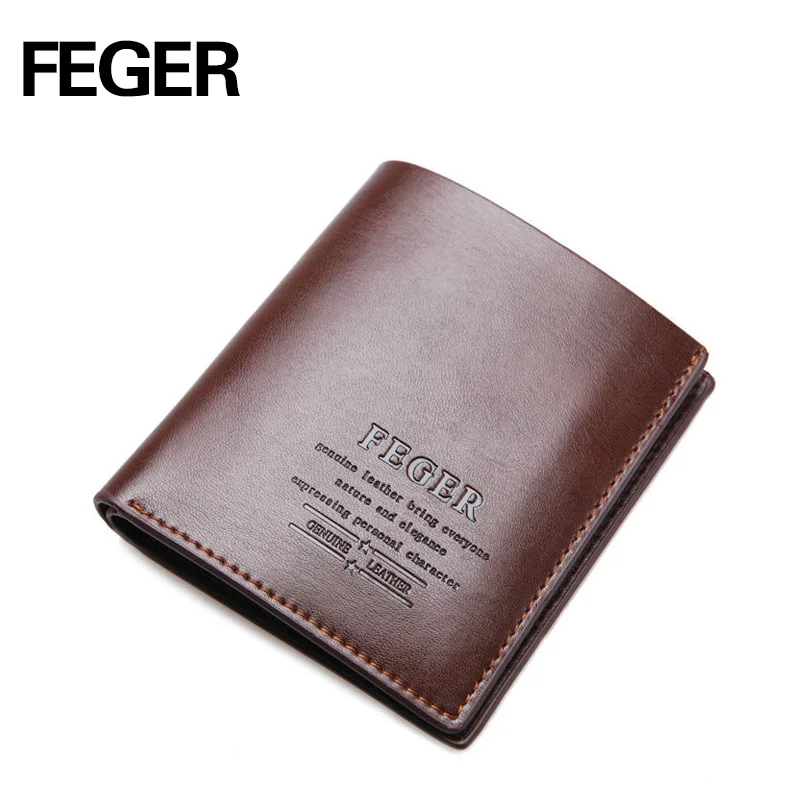 FEGER Brand Men Wallets Split Cow Leather Purse Solid Short Card Holder Wallet for Gentlemen Free