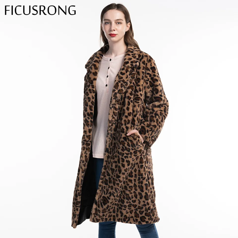

Women Autumn Winter Thick Warm Soft Jacket Lapel Leopard Faux Fur Long Coat Elegant Faux Fur Coat Pocket Outerwear New FICUSRONG