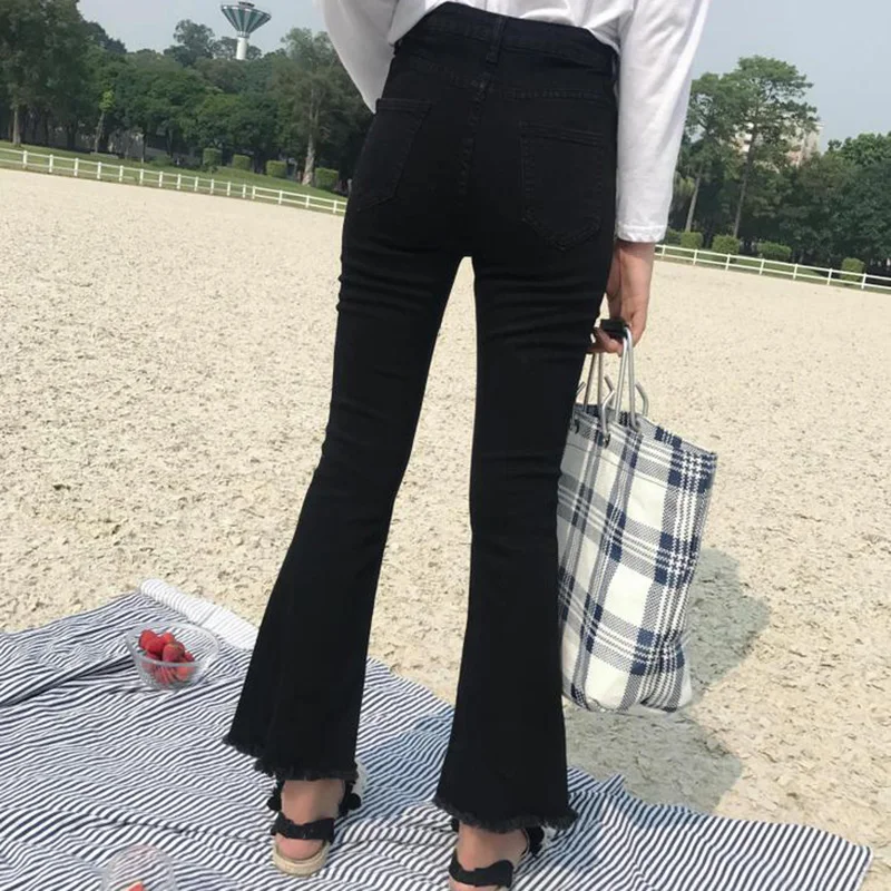 Джинсы женские тонкие эластичные рваные Ретро Женские расклешенные джинсы до щиколотки корейский стиль Универсальные простые трендовые на молнии повседневные шикарные