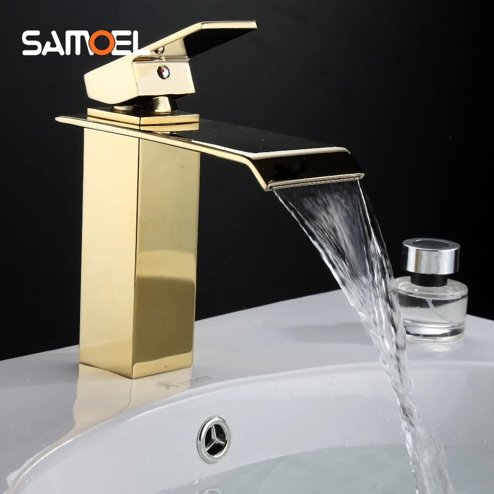 Gold Bathroom Faucets Square Waterfall Faucet Hot and Cold