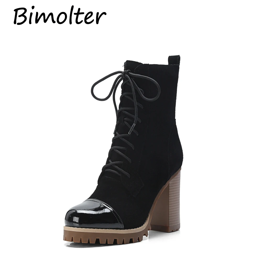 Cuir Semelles Automne Mode Bimolter Bottines Vache À Compensées Daim Nouvelle En Black Bottes Talons Lacets Chaussures Femme Noir Nb005 De Véritable Carrés qx8q7gw6