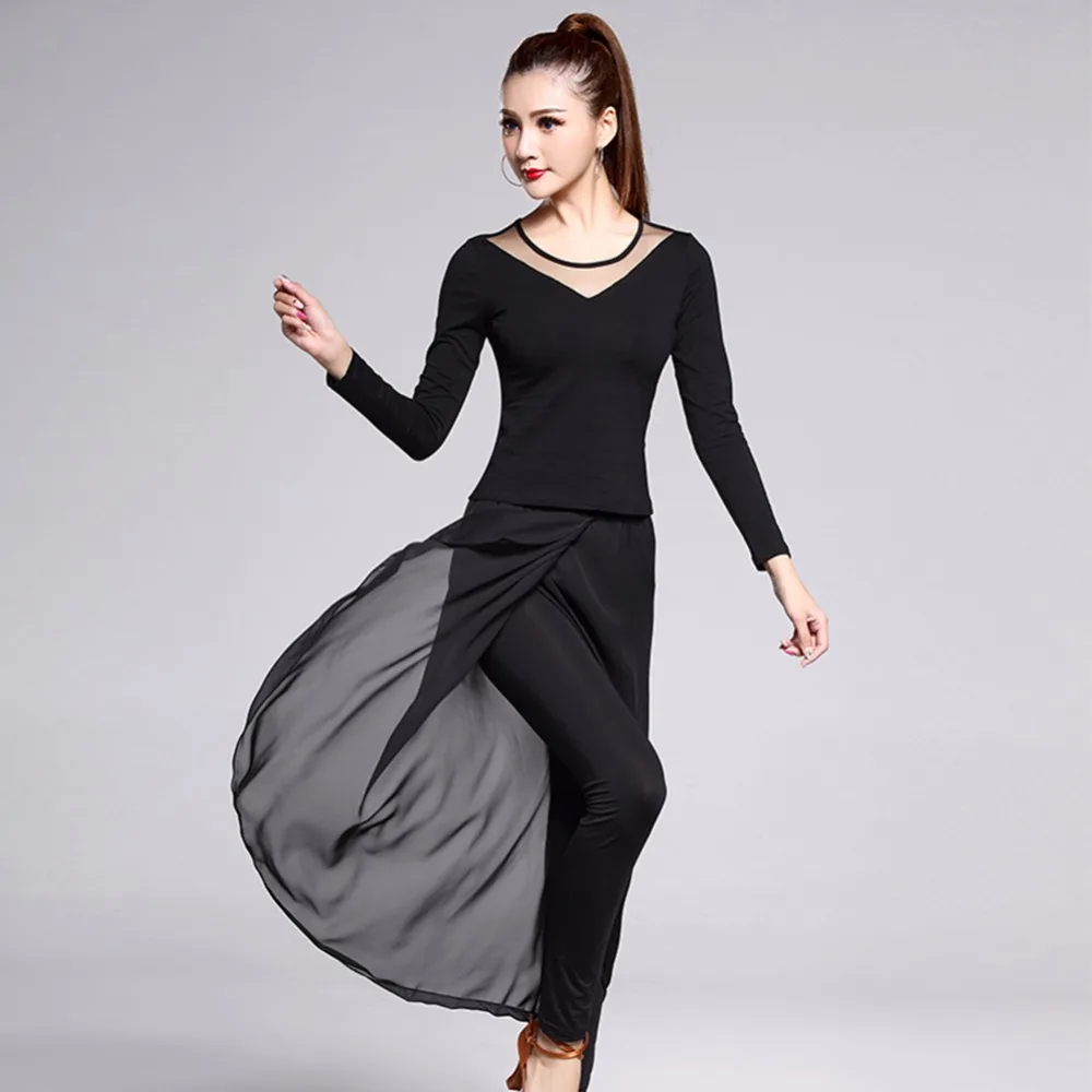 2017 New Latin Dance Costumes Dancing Dress For Women Latin 2Pcs Modal Top&Chiffon Pants Black