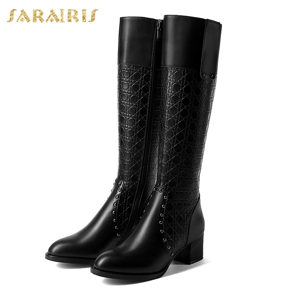 

SARAIRIS 2018 Cow Leather Large Size 32-43 Chick Heels Boots Woman Shoes Add Fur Add Fur Winter Warm Shoes Woman Mid Calf Boots
