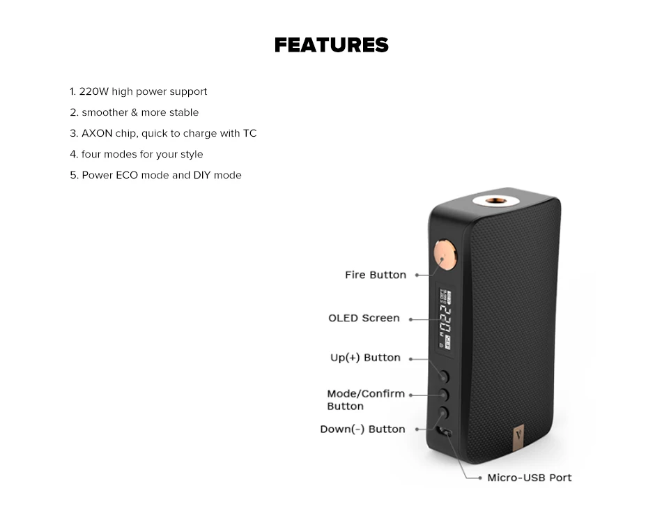 220 Вт Vaporesso роскошный мод Vape Box Mod power от Двойной 18650 батареи, совместимы с 510 атомного электронной сигареты