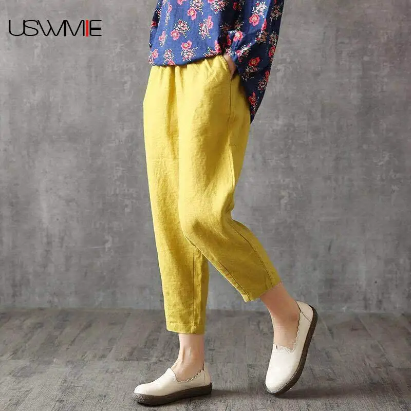 

2019 Spring Harem Pants Fashion Casual Simple Elastic Waist Comfort Pockets Loose Breathable Plus Size Nine Pants Women USWMIE
