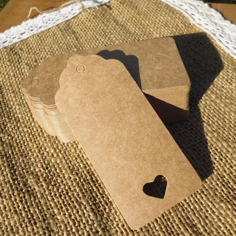 

100pcs Kraft Bookmark with Heart-shaped Hollow Gift Tags Price Label DIY Paper Hang Tags with Hemp String 4x9cm
