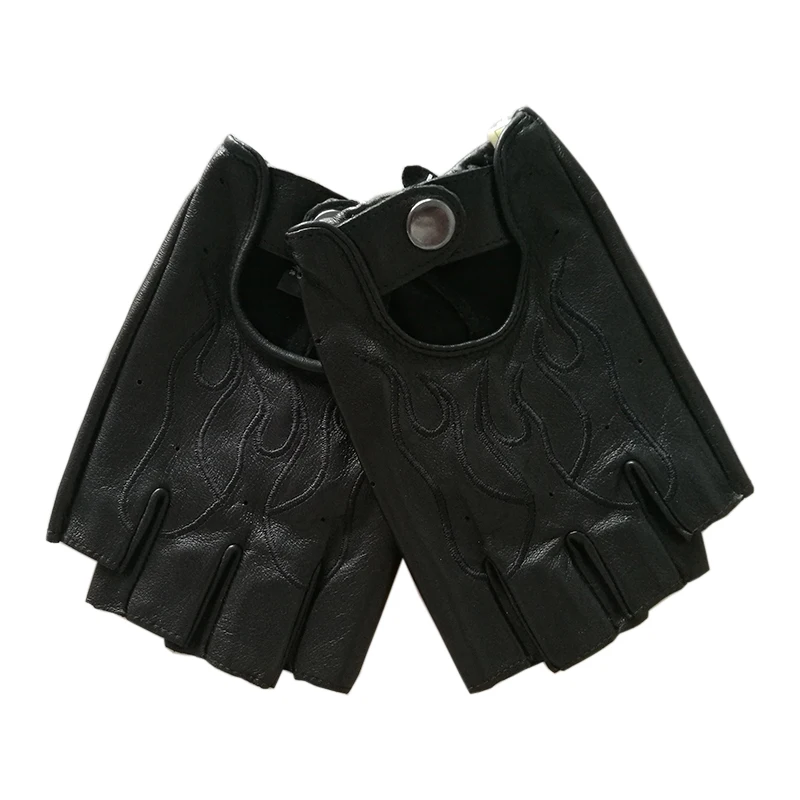 Genuine Leather Gloves Male Embroidery Imported Lambskin Driving Half Finger Semi-Finger Men Gloves Non-Slip Breathable M047N-2 semi finger pu leather gloves male half fingers tactics driving men gloves fashion black five finger mittens pm013pn