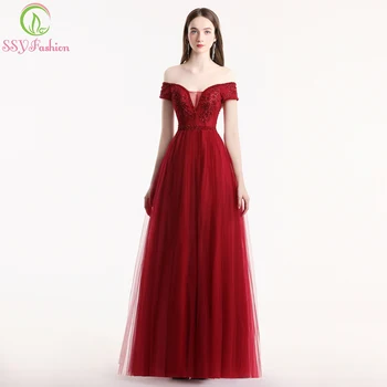 

SSYFashion New Women's Burgundy Lace Evening Dress Elegant Appliques Beading Floor-length Party Formal Gown Robe De Soiree
