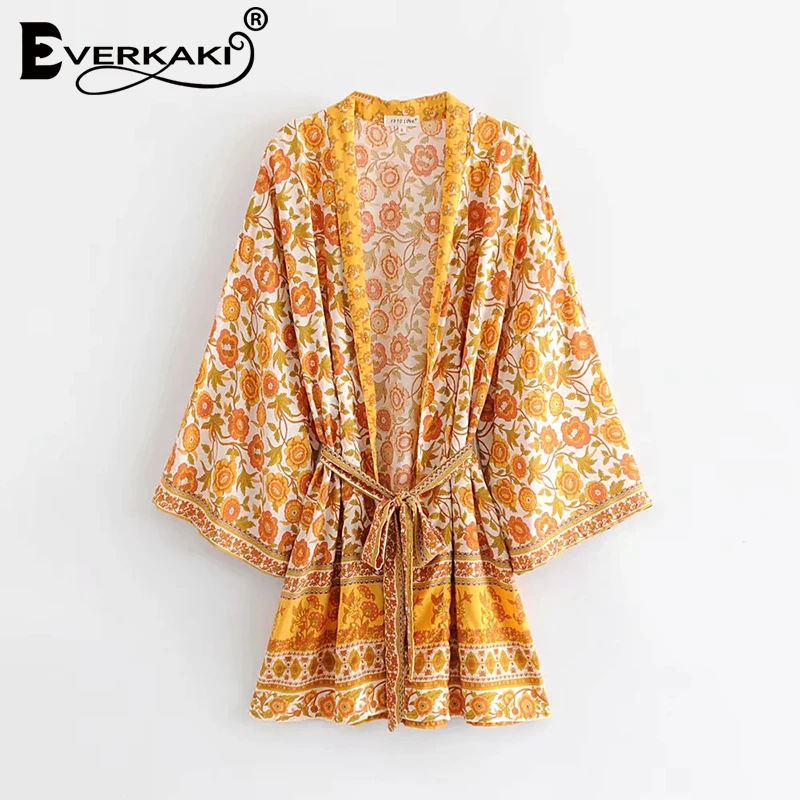 Everkaki Gypsy, цветочное кимоно, пальто, женские блузки, топы, хлопковые блузки, пальто для женщин,, богемная Женская одежда с поясом, осень