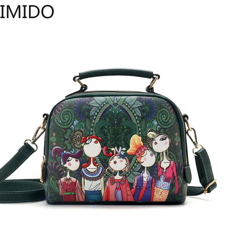 

IMIDO 2019 Brand Designer Luxury Brand High Quality PU Leather Ladies Ladies Green Cartoon Handbag Shoulder Bag Female Handbag