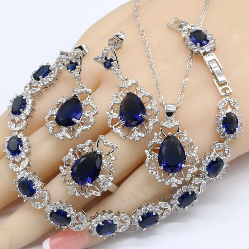 

Dark Blue White CZ 925 Silver Jewelry Sets For Women Bracelet Earrings Necklace Pendant Rings Free Gift Box