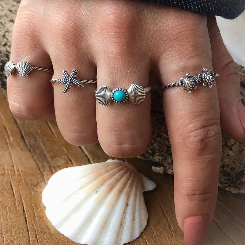

4 Pcs/set Women Vintage Tortoise Starfish Shell Gem Silver Midi Ring Set Charm Summer Beach Jewelry Accessories