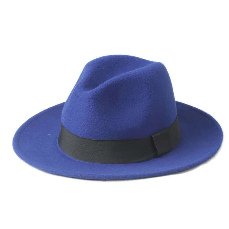 Новое поступление шерстяной Женский Мужской Feminino Fedora шляпа для джентльмена с широкими полями черная лента Sombreros Джаз церковная Кепка Панама топ шляпа - Цвет: Blue