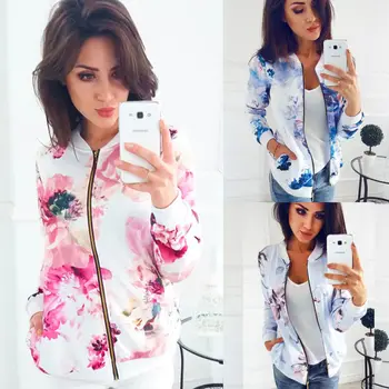 

Fashion Women Coat Retro Floral Zipper Bomber Jacket Baseball Casual Coats Outwear Autumn Fashion Women Overcoats