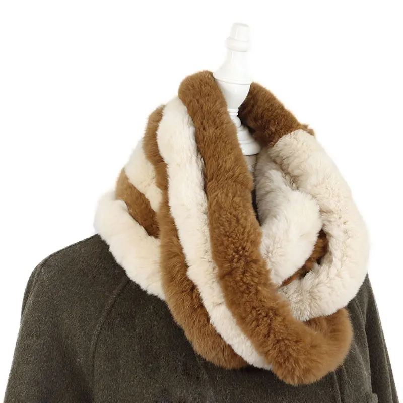 New Stylish Winter Warm Contrast Color Real Rabbit Fur Wraps Women Ring Natural Scarves 2 Circles Shawl Wrap Collar | Аксессуары для