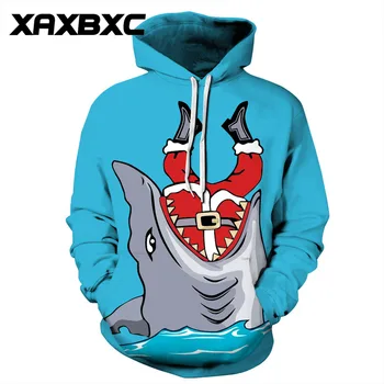 

2018 New 263 Funny Jaws Shark Eat Santa Claus Printed Women Jacket Hooded Femme Sweatshirt Casual Loose Men Pocket Hoodies Coat