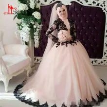 2016 Robe De Soiree Black Lace Applique Pink Long Sleeve Hijab Long Wedding Gown White Hijab Muslim Evening Dresses Prom Dress