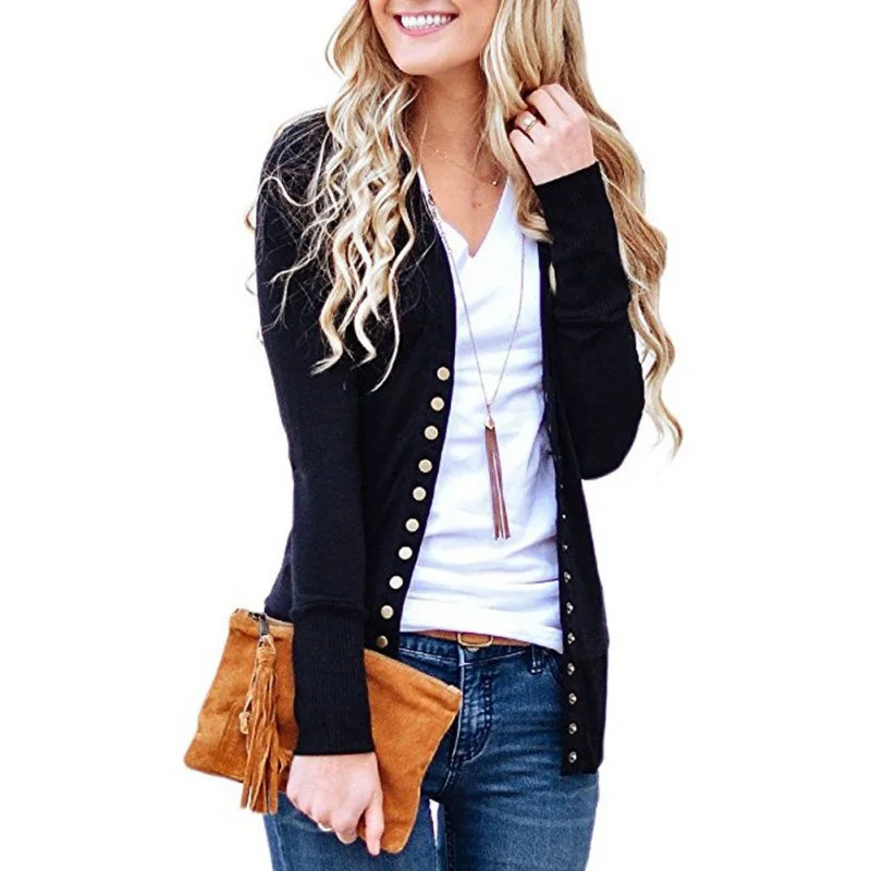 New Autumn Women Low Cut V Neck Button Down Knit Blouse