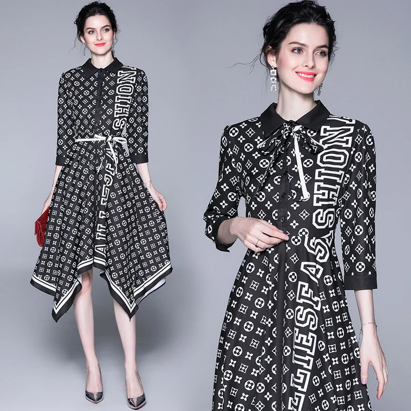 

ZP9157# Spot European Station New Printing Cluster Receiving Waist, Single-row Button Irregular Shirt Dresses