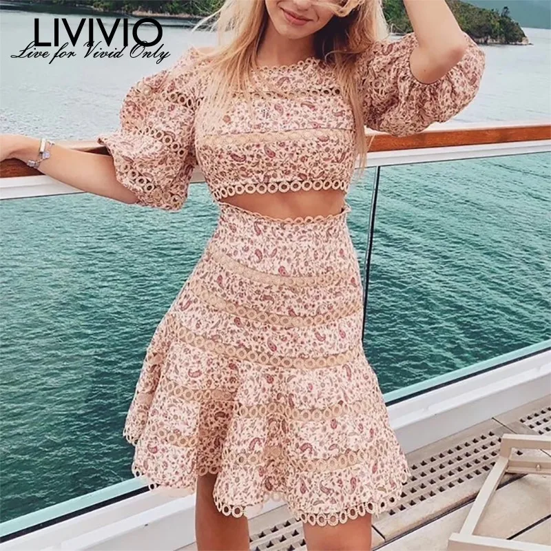 

[LIVIVIO] Print Two Piece Set Embroidery Patchwork Hollow Out WomenTops Puff Sleeve Short Mini Skirt Female Suit Fashion New