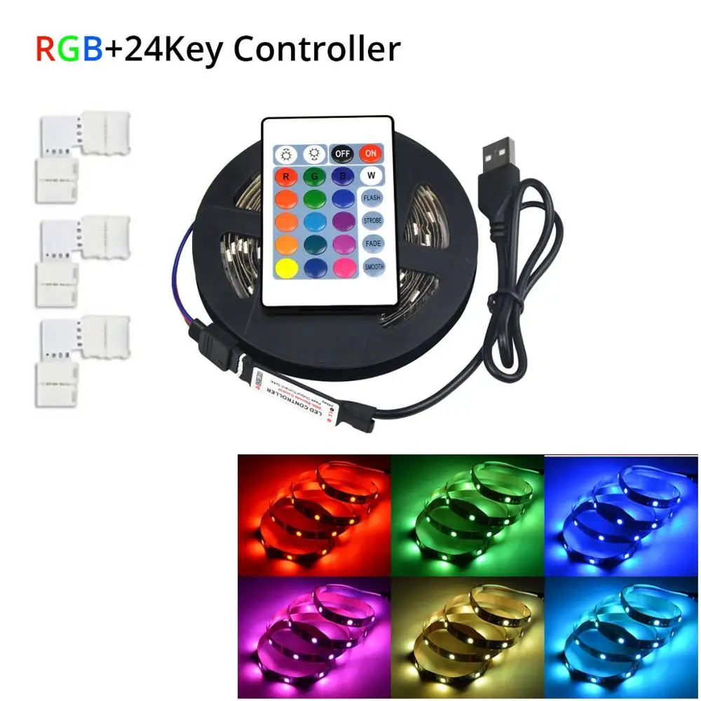 USB мощность ТВ подсветка RGB светодиодный светильник s Гибкая 1 м 2 м 3 м Светодиодная лента Tira с 90 градусов разъем 24 клавиши пульт дистанционного управления для ПК косой светильник - Испускаемый цвет: RGB Strip Set