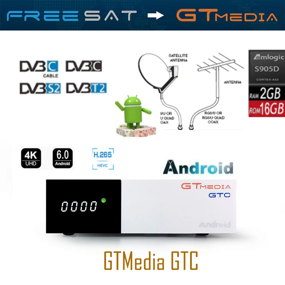 

Freesat GTC decoder DVB-S2 DVB-C DVB-T2 Amlogic S905D android 6.0 TV BOX 2GB 16GB +1 Year cccam Satellite TV Receiver set tv box