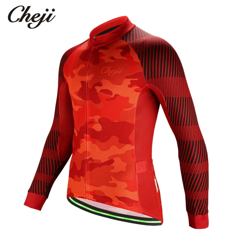 

CHEJI Camouflage Red Mens Long Sleeves Cycling Jersey Full Zipper Three Rear Pocket Bike Shirts Quick Dry Bicycle Clothes