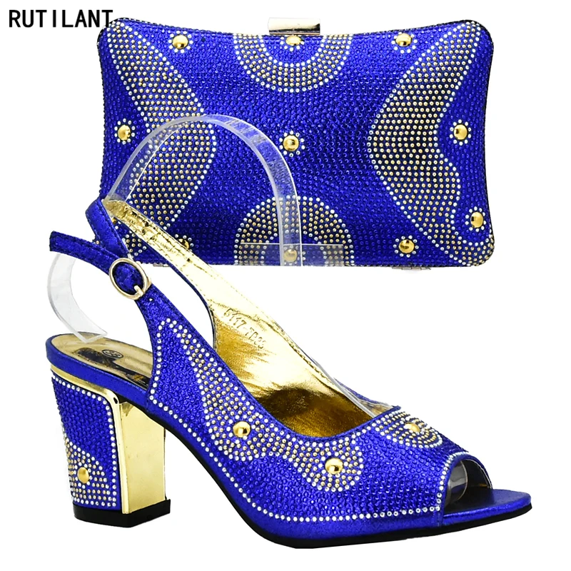 

Royal Blue Color Women Italian African Party Pumps Shoes and Bag Italian Ladies Shoes and Bags To Match Set Decorated with Stone