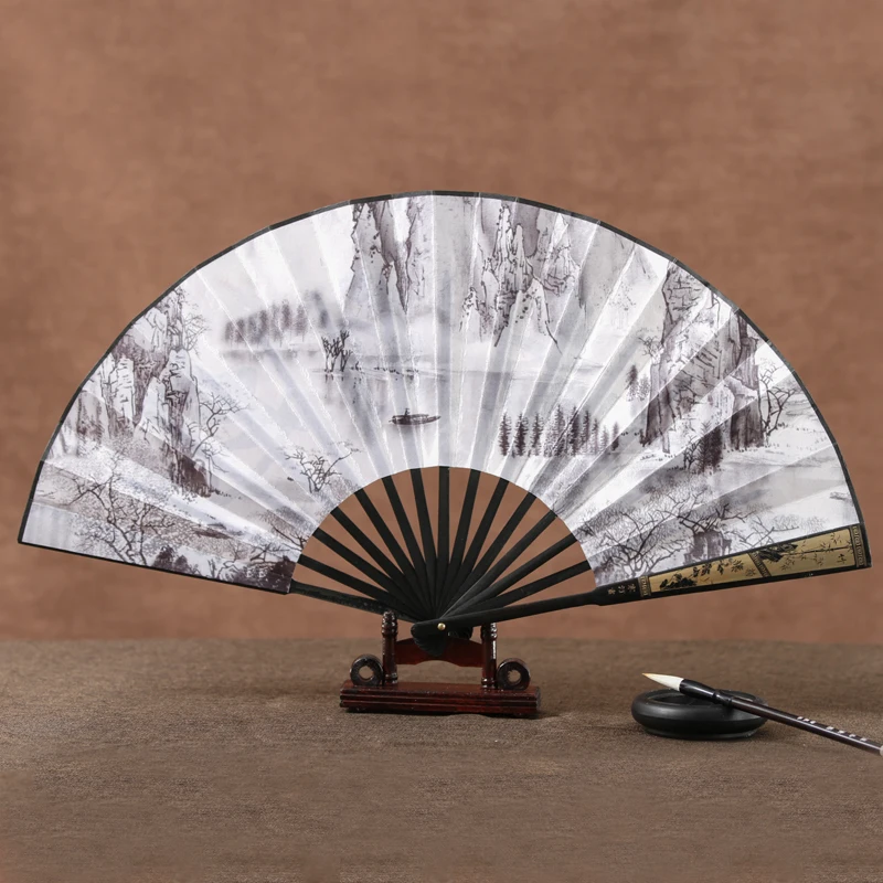 

Ink Male Fan Chinese Style Gifts Ancient Style Handmade Fan Rice Paper Large Fan Folding 10 Inch Retro Craft