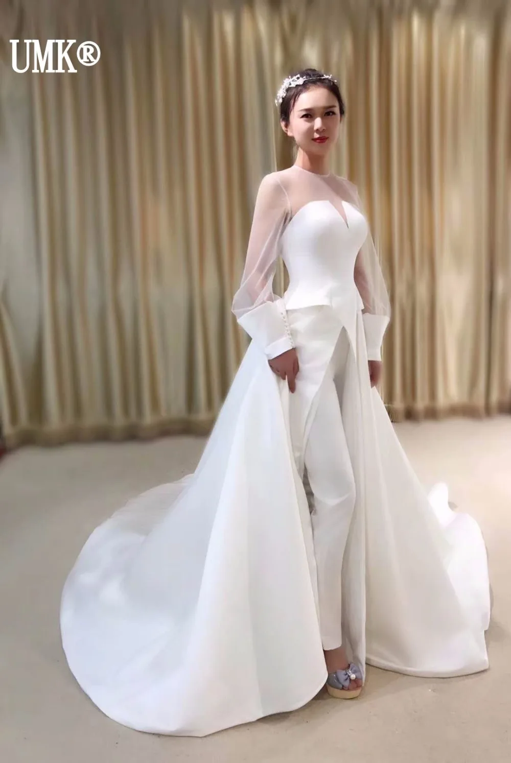 UMK A-Line с длинным рукавом свадебное платье дизайн спереди Сплит Vestido de Noiva винтажное свадебное платье