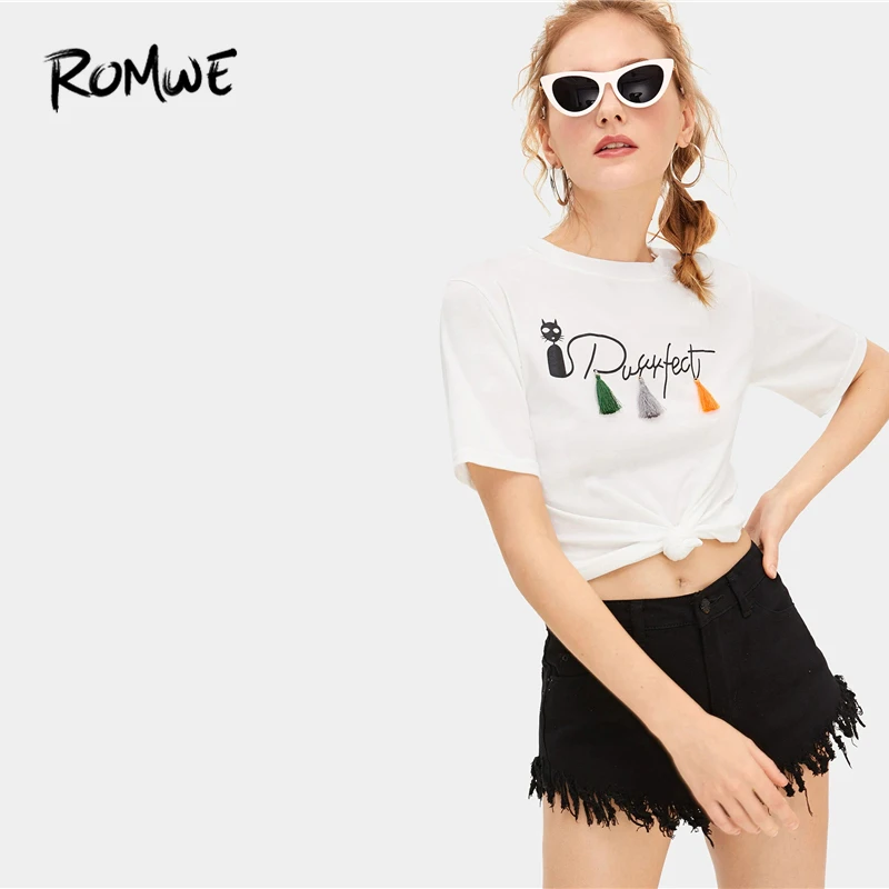 ROMWE/топы с бахромой и буквенным принтом 2019, шикарный белый уличный с короткими рукавами, летние футболки с графическим принтом, гламурные