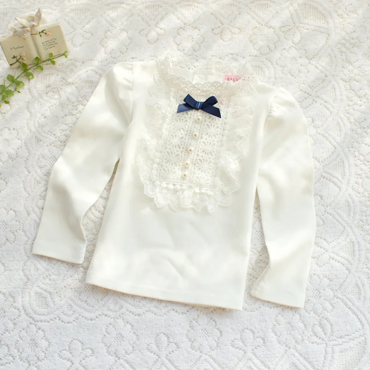 Осенняя Блузка для девочек в школу, кружевные рубашки с жемчужинами и бантом для маленьких детей, одежда для девочек, свитшоты для детей, блуза, униформа - Цвет: White Spr