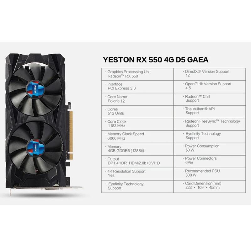 Yeston Radeon RX 550 GPU 4 Гб GDDR5 128bit игровой настольный компьютер ПК видео Графика карты