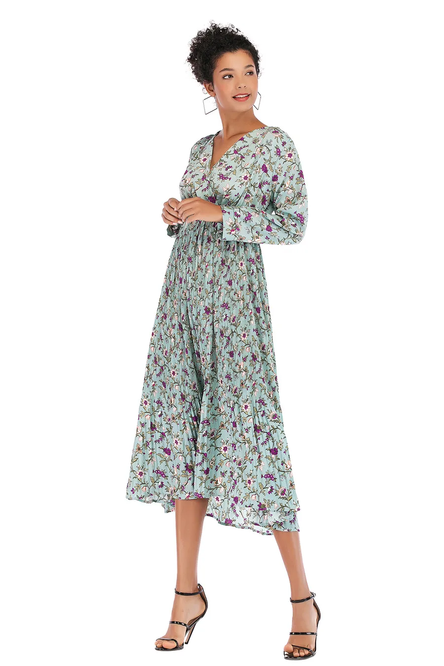 Gladiolus Hot 2018 Autumn Dress Women Long Sleeve V-Neck Sexy Floral Print Tunic Loose Midi Chiffon Dress Women Beach Sundress (11)