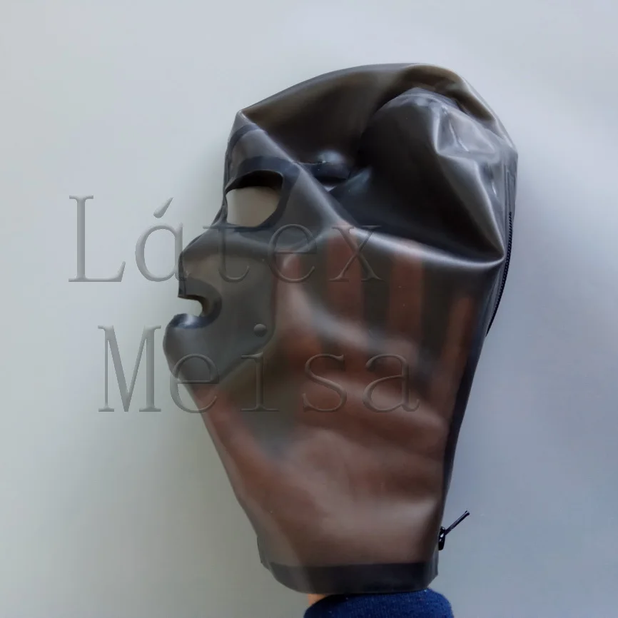 

Women's transparent black Fetish latex catsuit hood open eyes & nostrils & mouth with back zip decorations