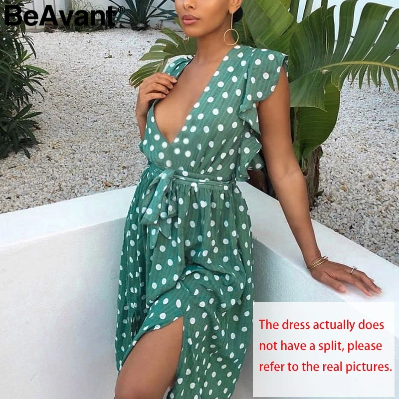 BeAvant, винтажное летнее пляжное платье в горошек, женское Короткое платье без рукавов с рюшами, повседневное зеленое платье с принтом, женские платья на пуговицах