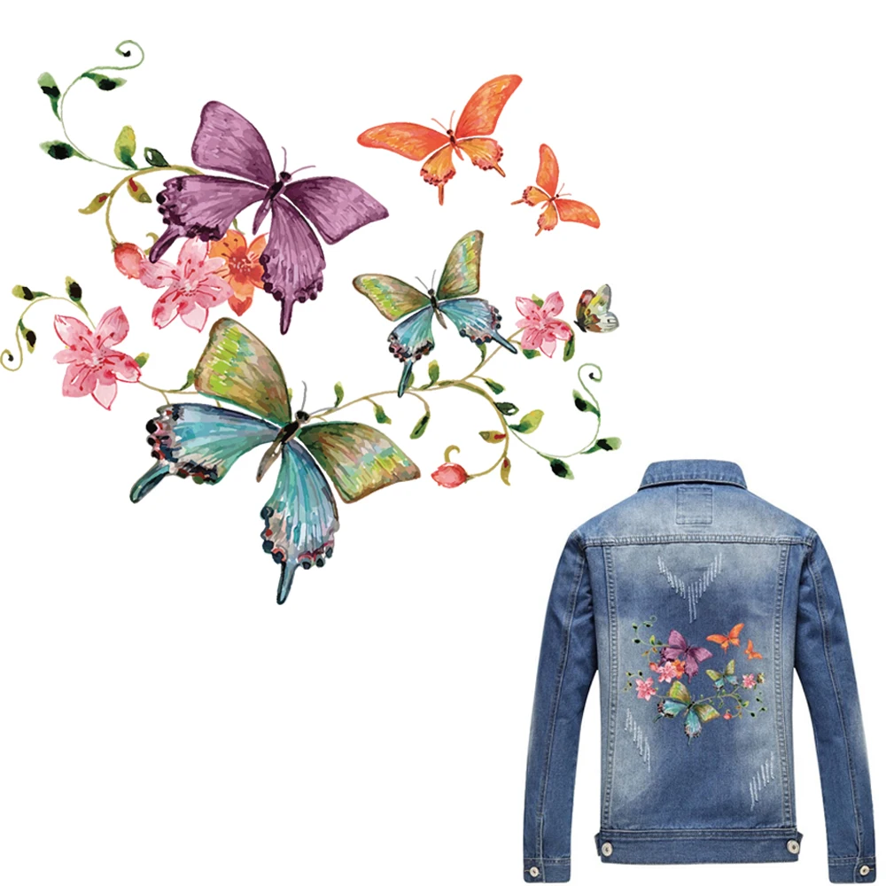 

Flower Butterfly Patch Iron On Appliques T-shirt Dresses 23*20.5cm A-level Washable Heat Transfer Stickers Clothes DIY Printing