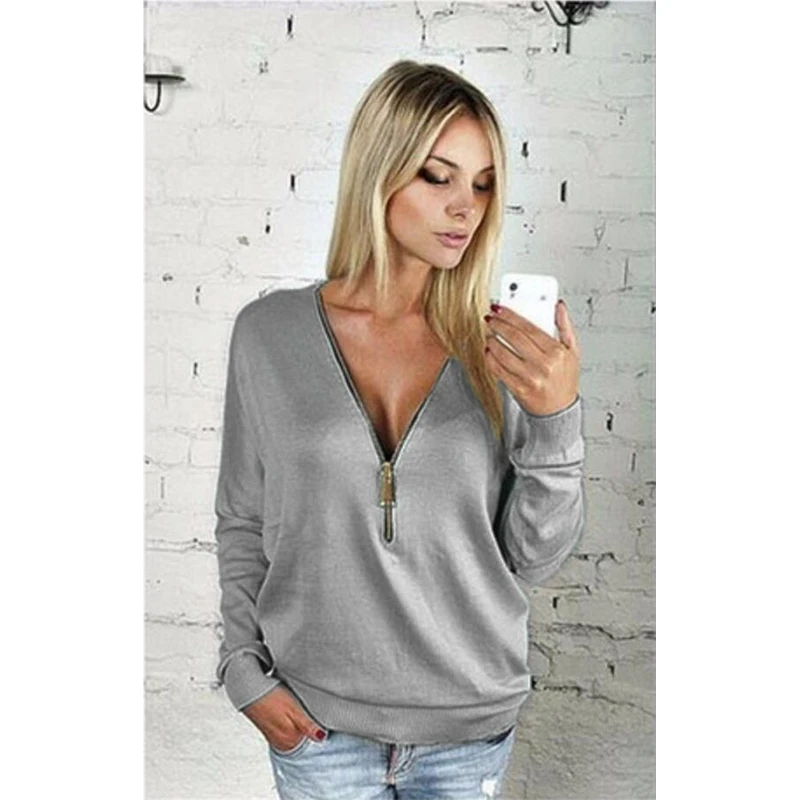 Women Sexy Fashion Batwing Sleeve Blouse Deep V Collar Zipper Sweater Long Sleeved T-shirt Plus Size S-5XL (15)