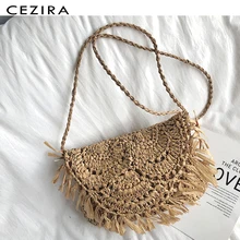 CEZIRA, маленькая пляжная летняя Плетеная соломенная сумка через плечо, тканые сумки с клапаном для женщин, чехол с бахромой, праздничная сумка-мессенджер