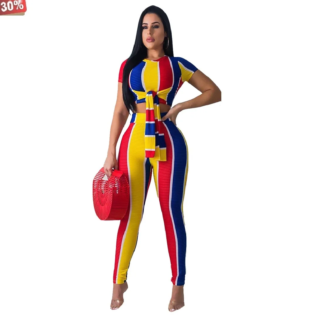 

Rainbow Set Women Summer Rainbow Striped Print Bow O-Neck Top & Long Pants Suit Two Piece Set Sporty Tracksuit Outfit