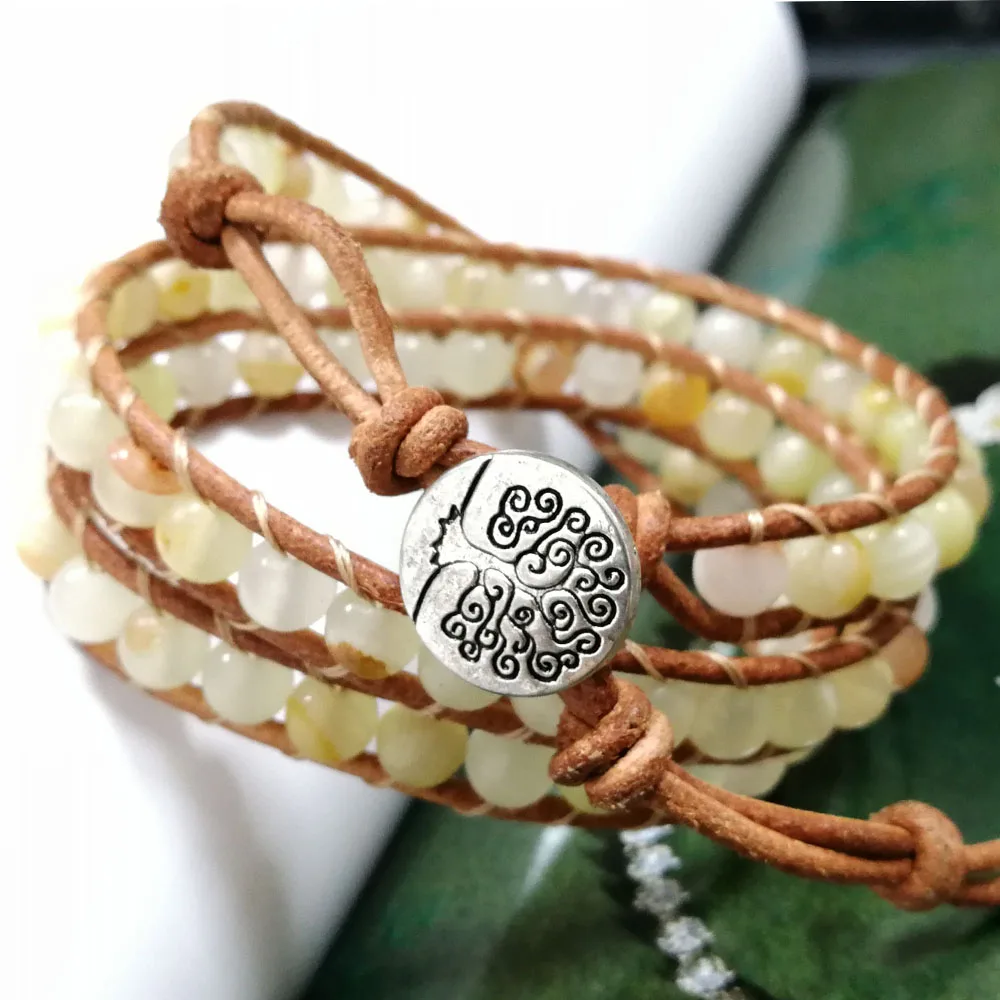 

Yuteng 3 Row Natural Stone Handmade Leather Wrap Bracelet Genuine Leather New Jades Cuff Bracelet Unisex LL8222