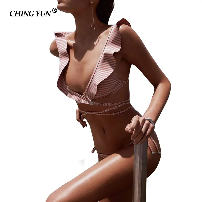 

2018 New swimsuit Women's black&white striped swimwear Woman Bikinis beachwear Flouncing Large lace Soft Cup sexy bathing suit