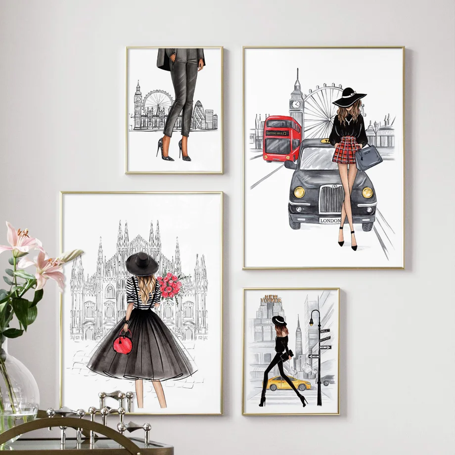 Лондон Париж супер модель модные настенные украшения для девочек холст живопись плакаты на скандинавскую тему и принты настенные картины для декора гостиной